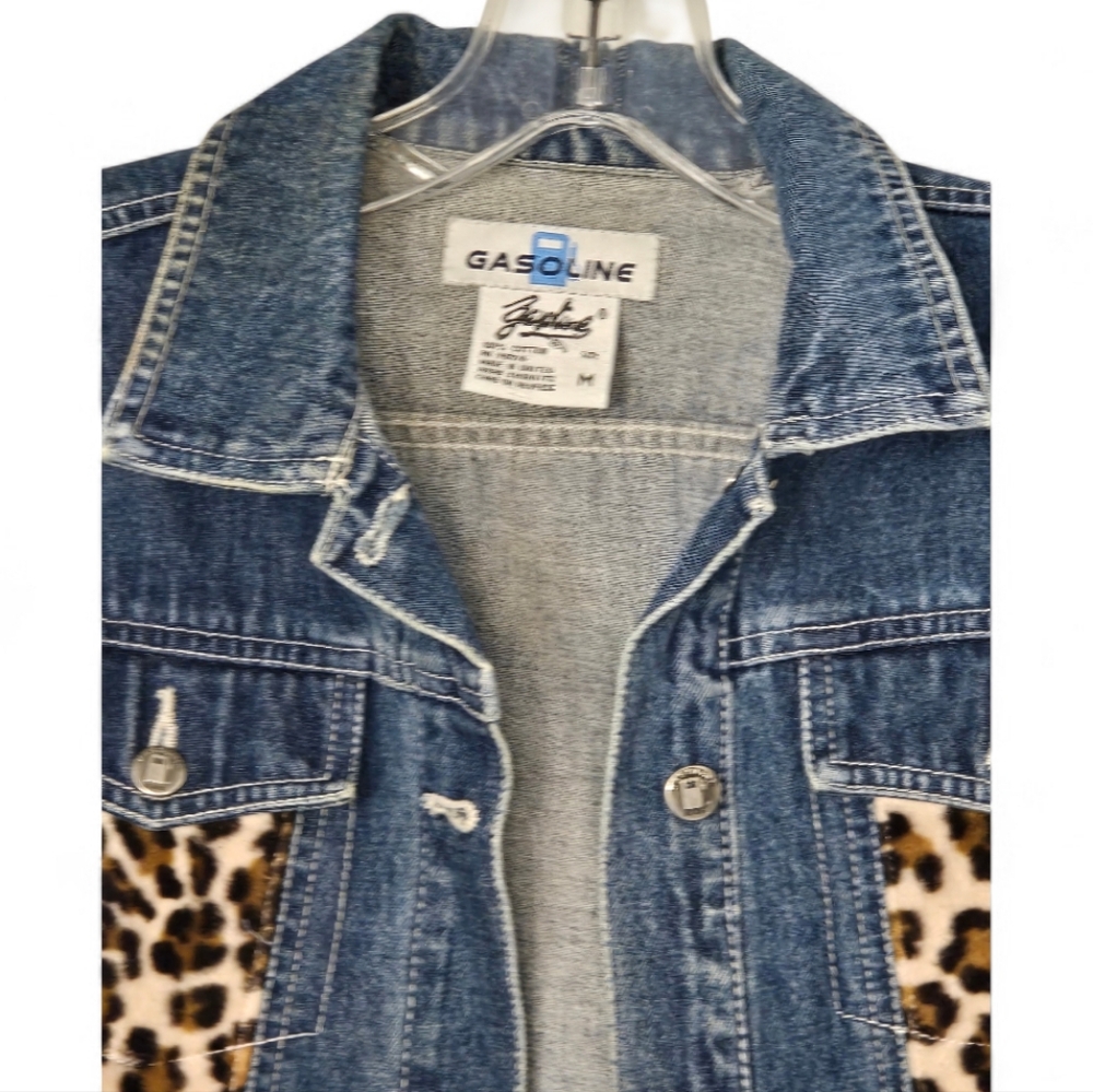 Gasoline Jeans Cropped Denim Jacket w/ Leopard Print Panels –Girls Size M - Picture 5 of 14